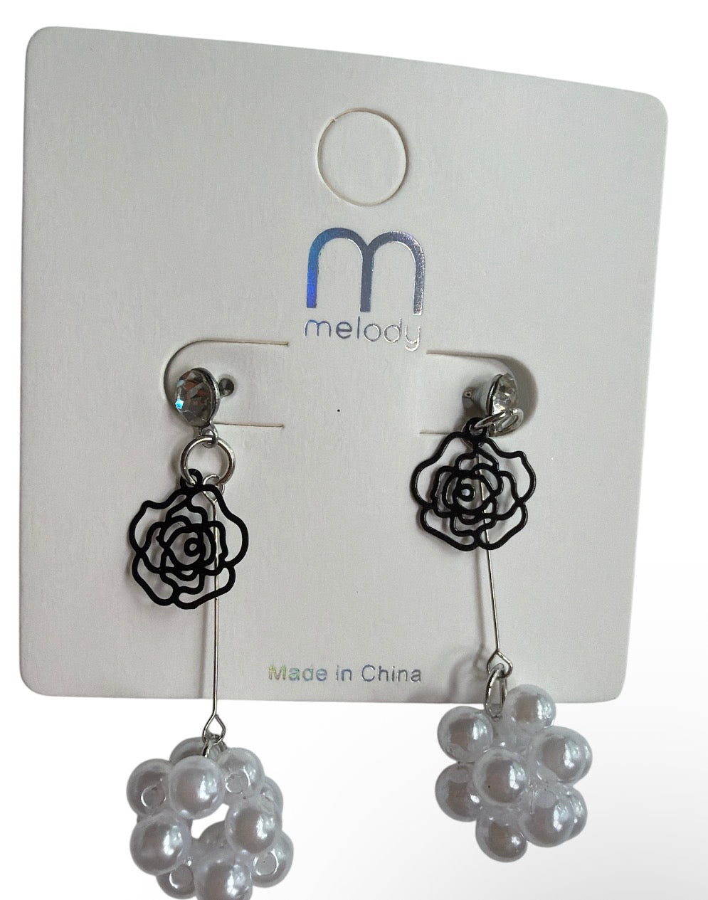 Black Flower Pearl Cluster Earrings