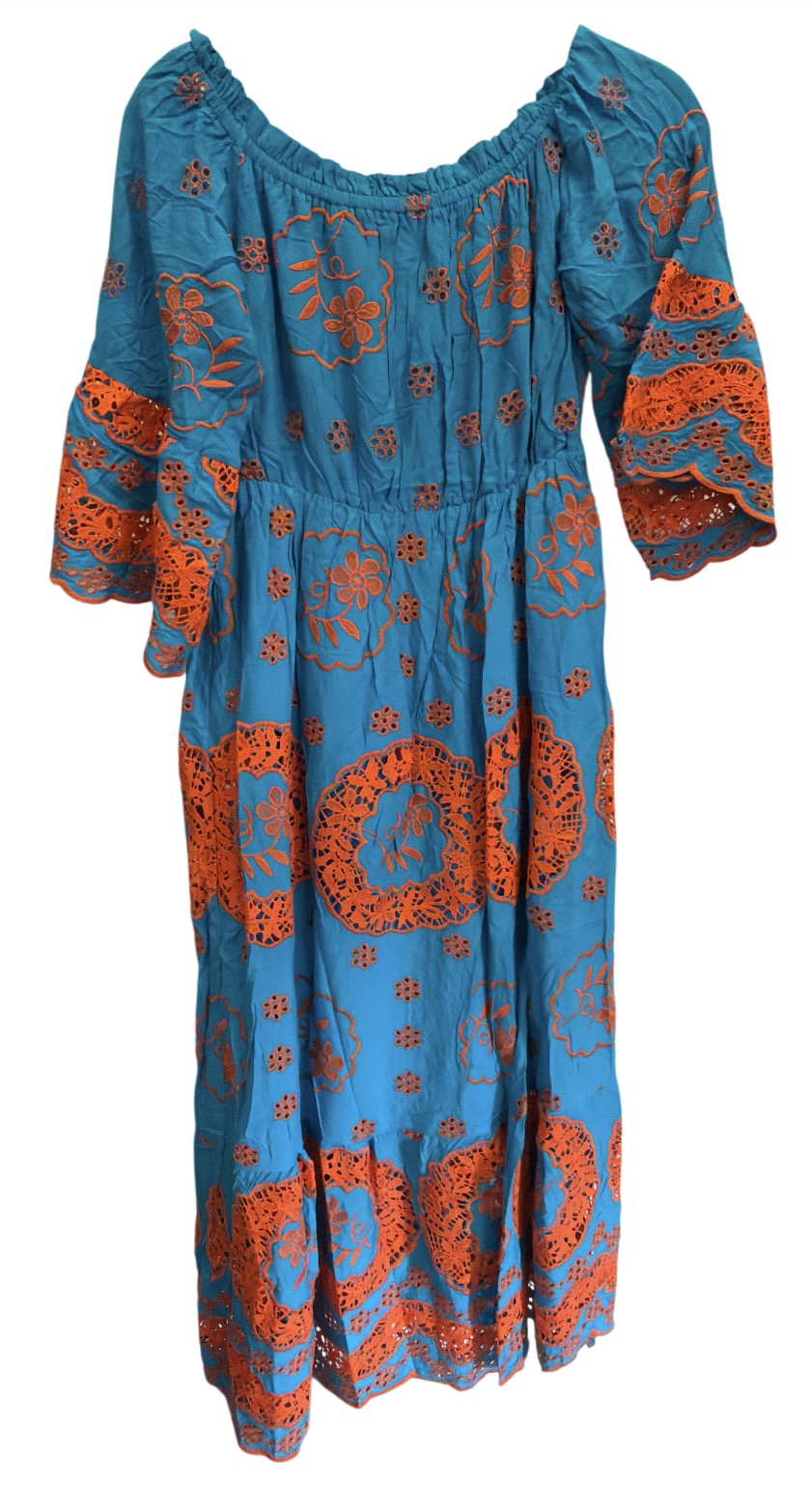 Embroidered Long Maxi Dress - Blue/Orange