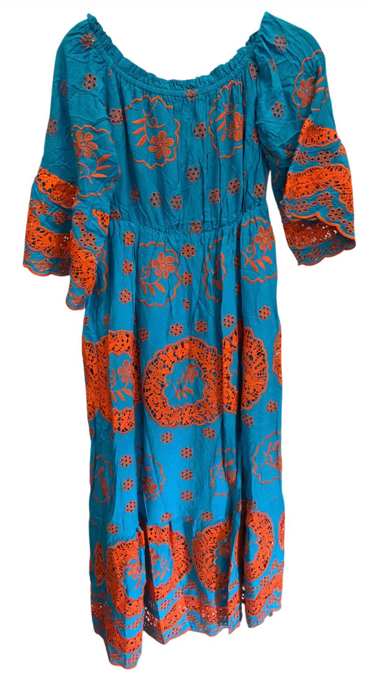 Embroidered Long Maxi Dress - Blue/Orange