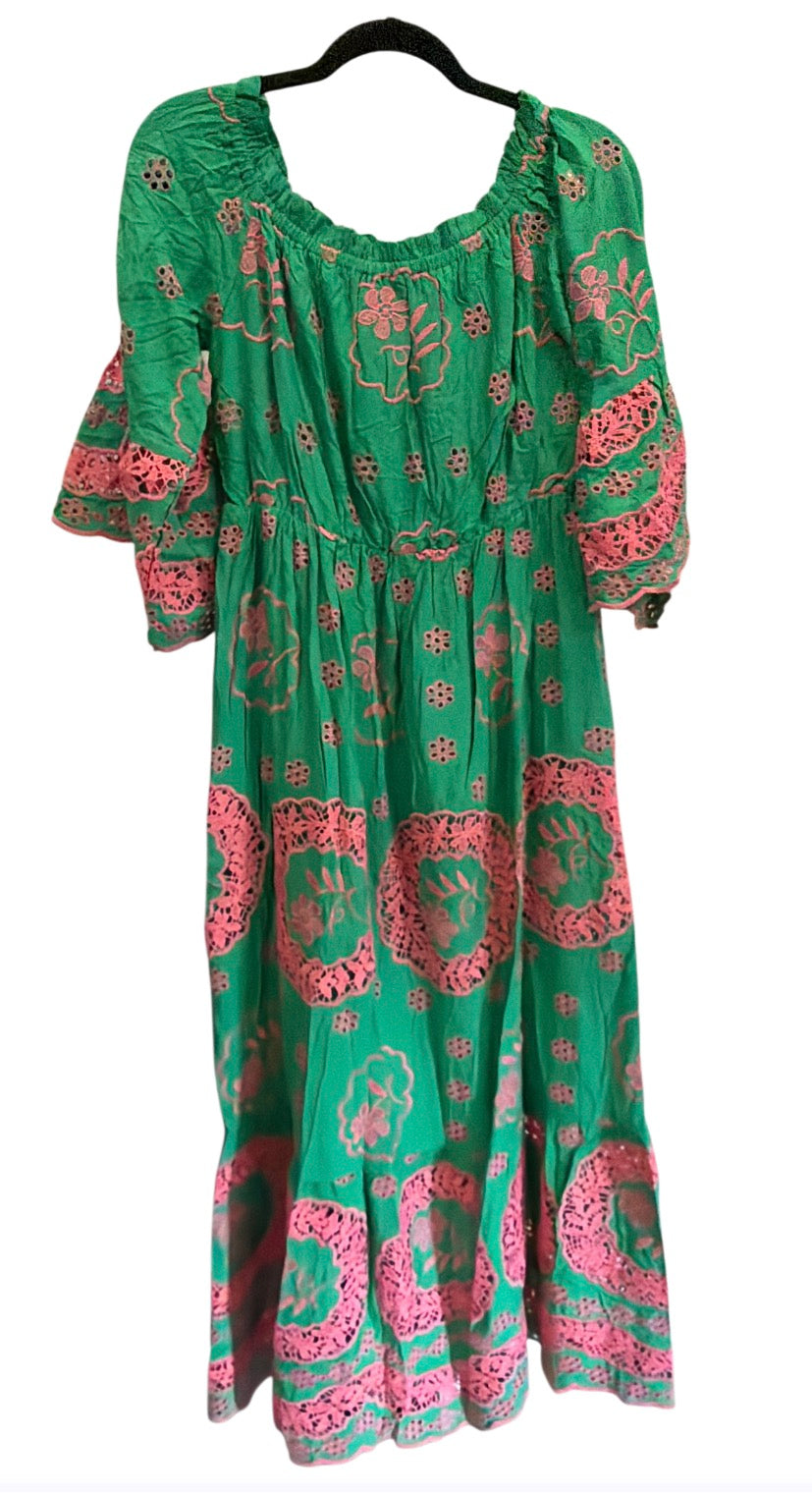Embroidered Long Maxi Dress - Green/Pink