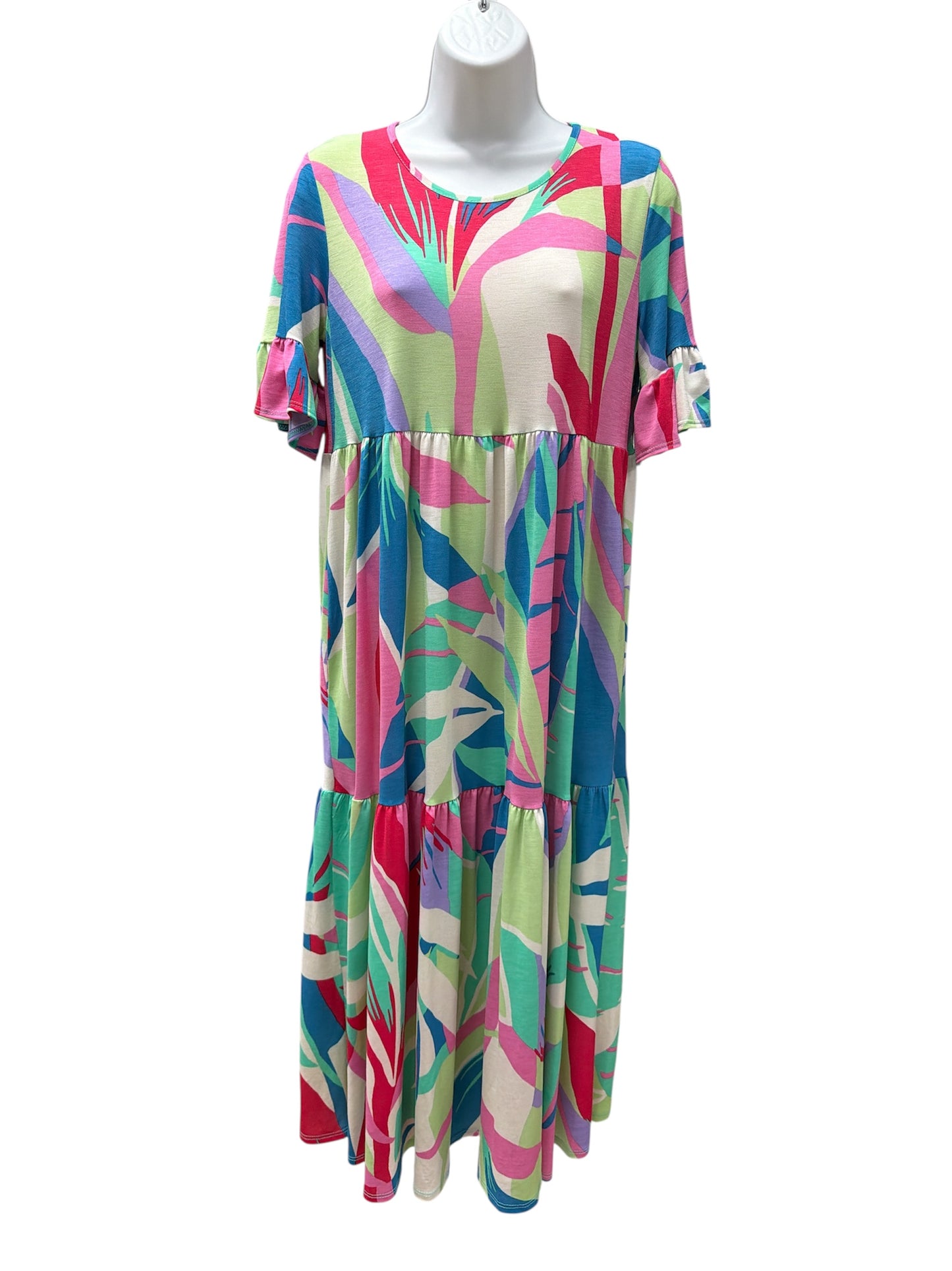Tropical Ruffle Sleeve Maxi Dress