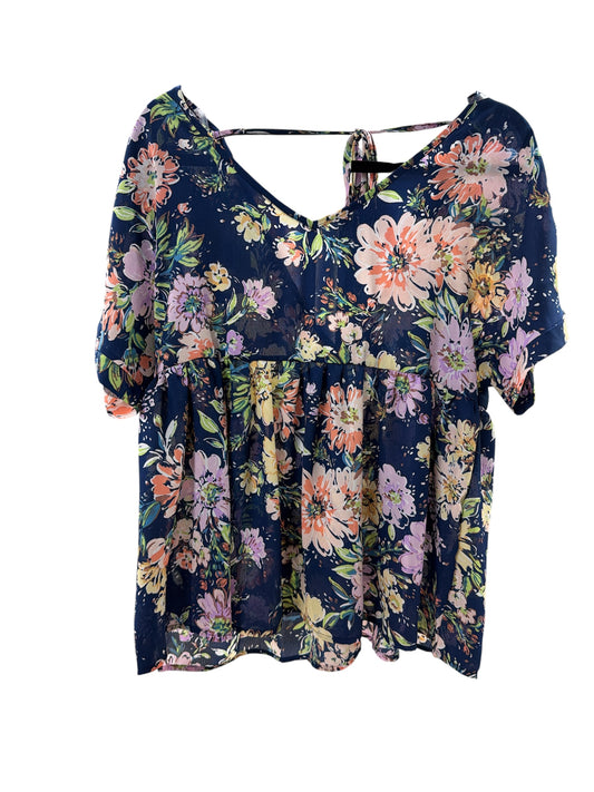 Blue Floral Tie Neck Top