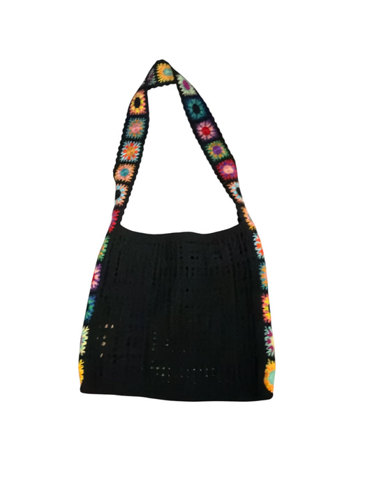 CROCHET TOTE BAG BLACK/FLOWERS