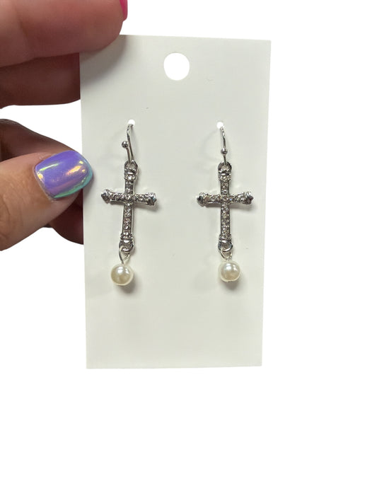 SILVER CROSS DROP PEARL EARRINGS