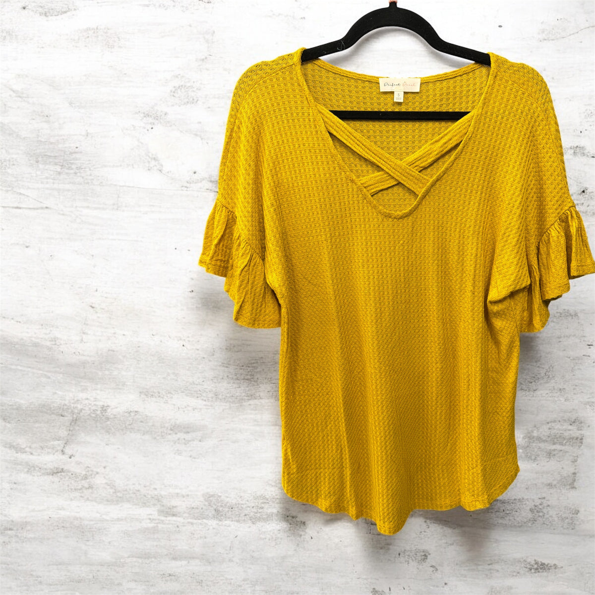 Mustard Waffle Ruffle Sleeve Top