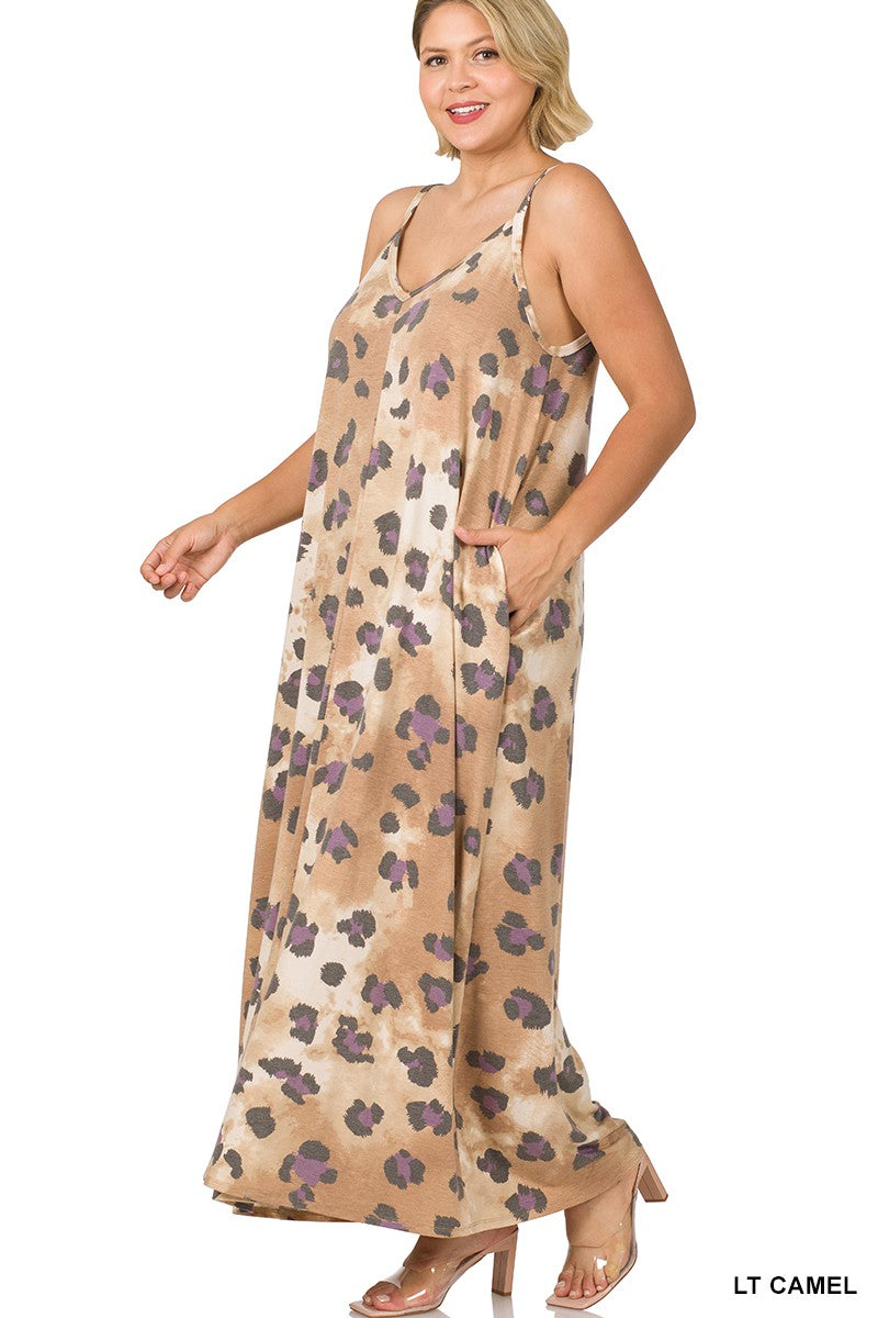 PLUS LEOPARD V-NECK CAMI MAXI DRESS