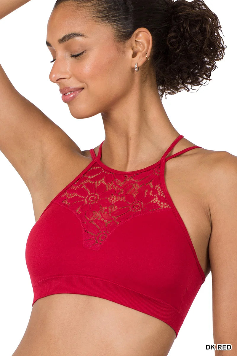 ZENANA HIGH NECK LACE CUTOUT BRALETTE WITH BRA PADS