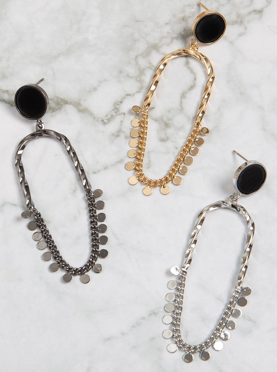 Twisted Metal Link Chain Disk Post Drop Earrings