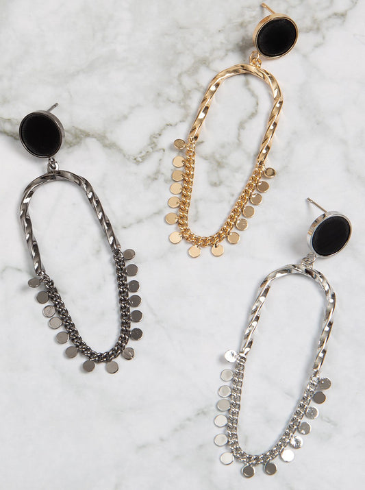Twisted Metal Link Chain Disk Post Drop Earrings