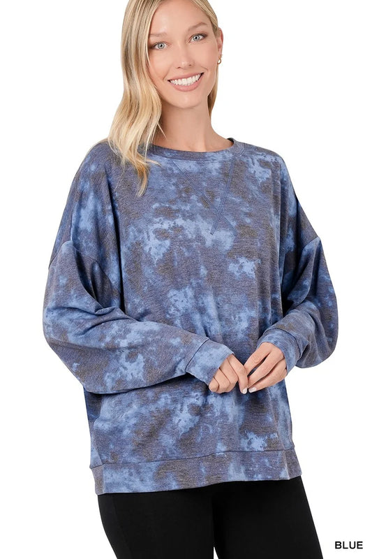 ZENANA FRENCH TERRY TIE DYE OVERSIZED DROP SHOULDER TOP