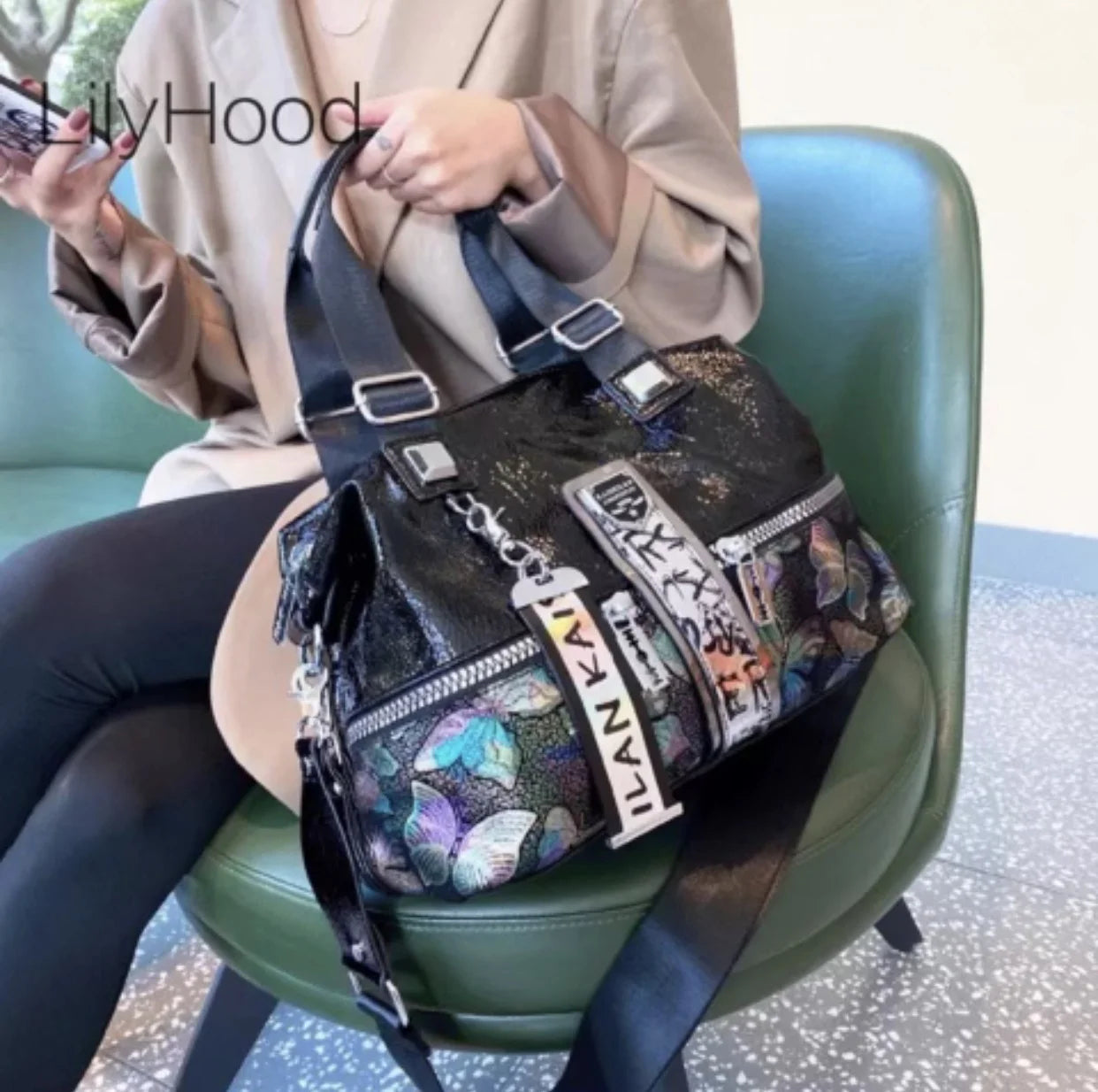 Female Fashion Vegan Leather Butterfly Pattern Handbag