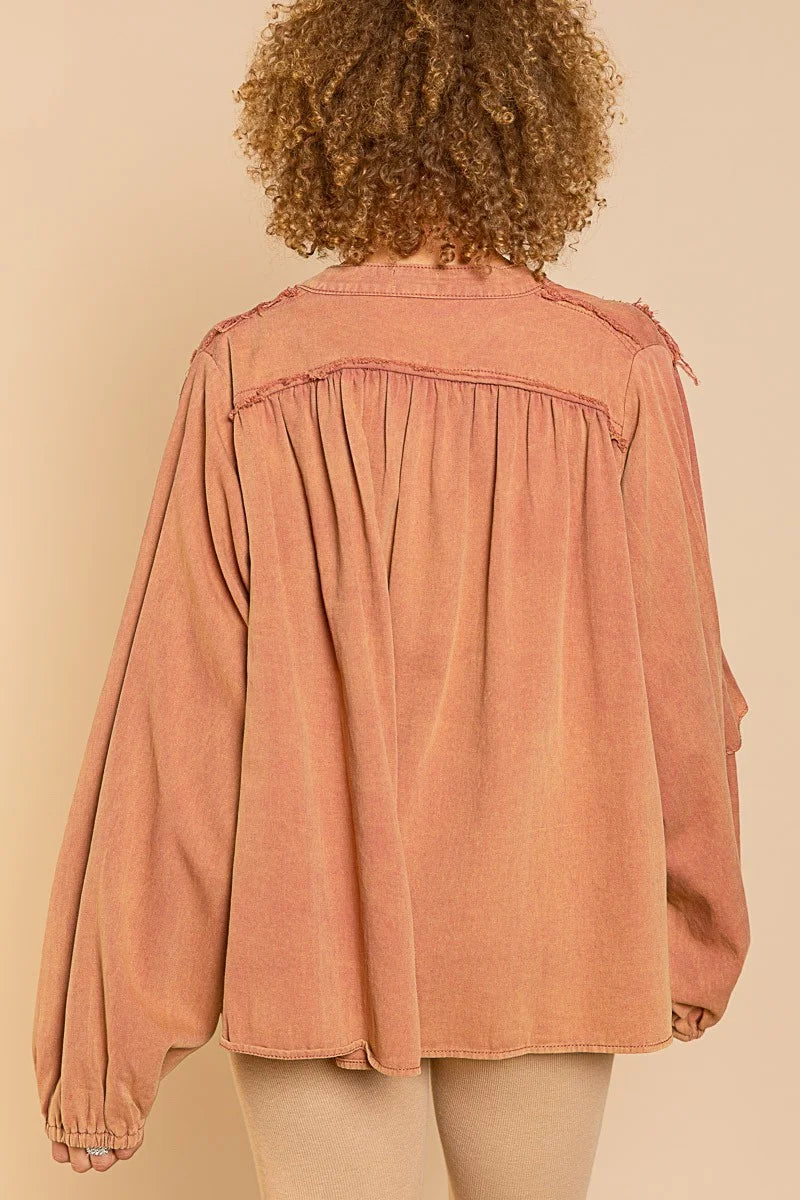 POL Button Down Ruffle Top