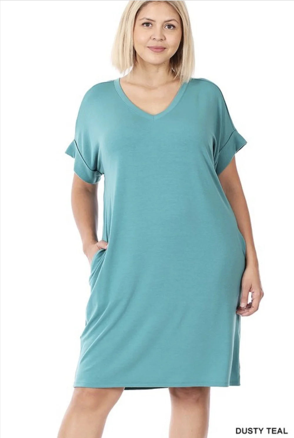 Zenana Plus Rolled Short Sleeve Dress w/ Pockets