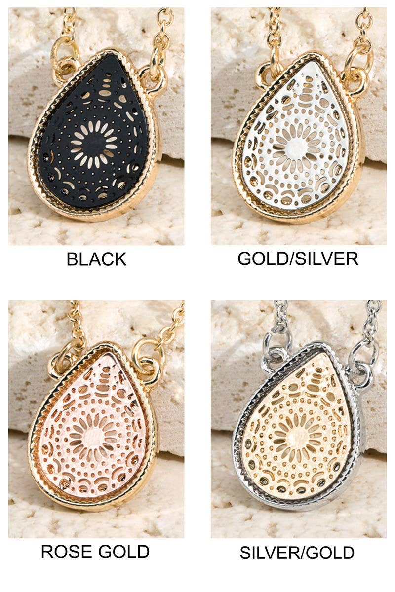 Brass Teardrop Filigree Pendant Necklace