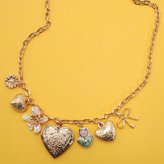 Charm Necklace Heart Locket Porcelain Flower Bow