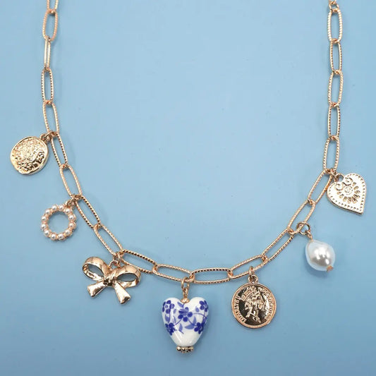 Ceramic Porcelain Bow Heart Charm Necklace
