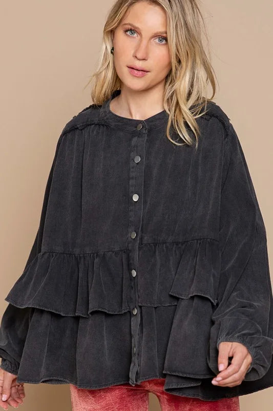POL Button Down Ruffle Top