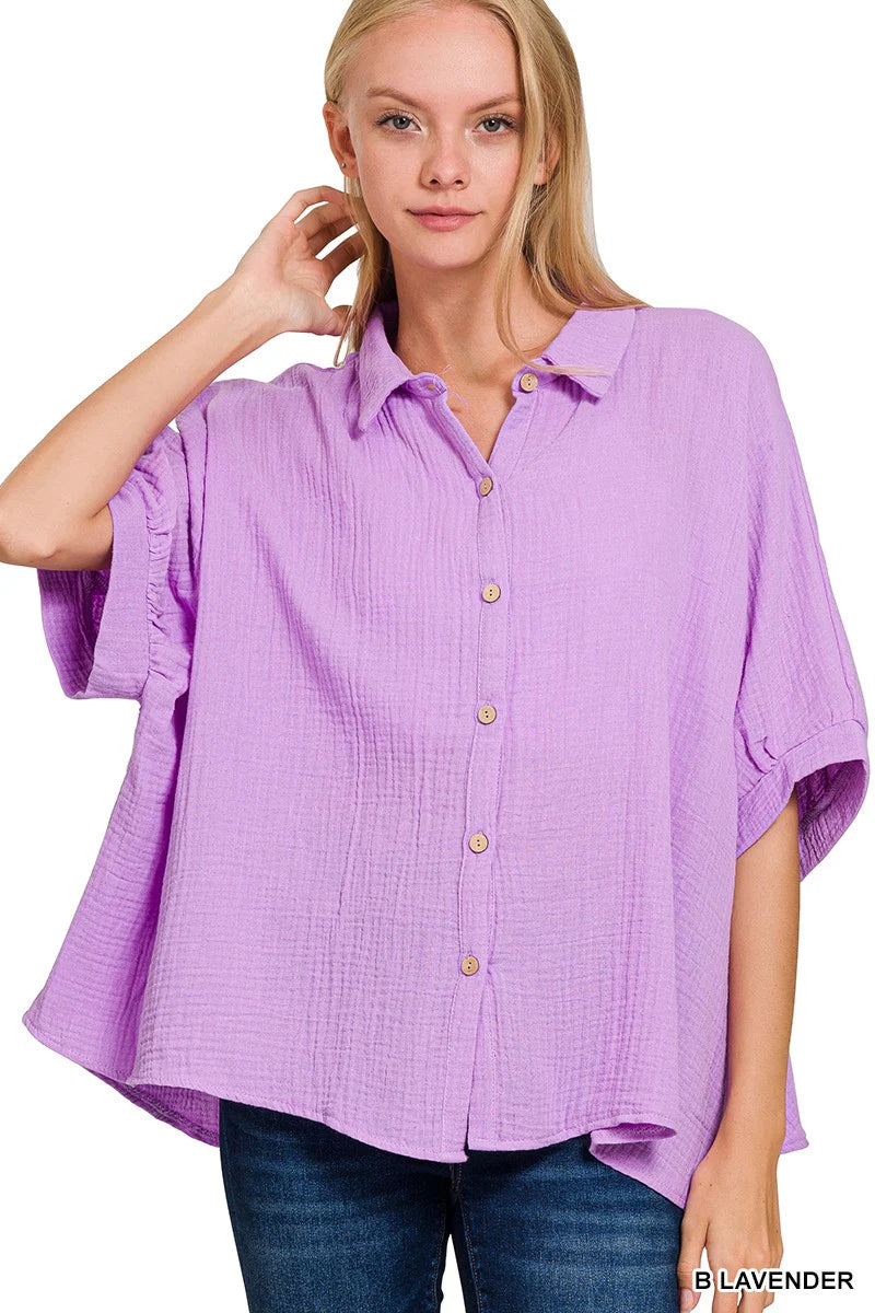 Zenana Gauze Collar Button Dolman Top