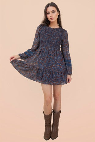 Lace Trim Smocking Printed Mini Dress