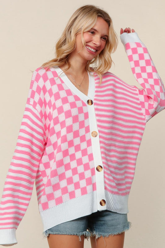Button Down Checker Stripe Sweater Cardigan