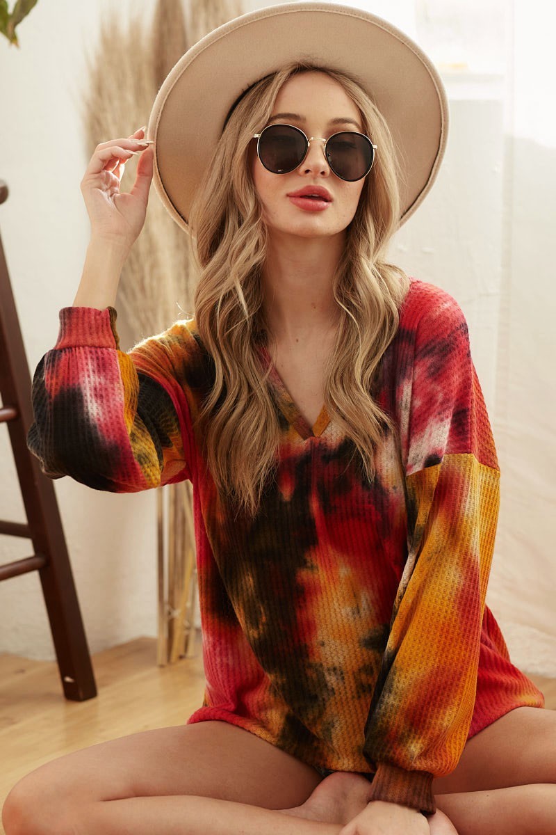 Tie Dye Brushed Waffle Top Bubble Sleeves