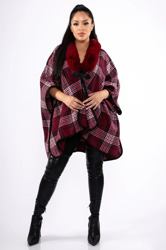 Soft Fur Collar Plaid Poncho