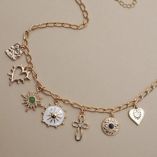 Charm Necklace Heart Cross Sunburst Stone