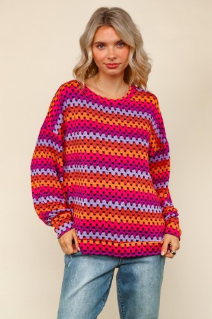 Loose Fit Multicolor Crochet Hacci Knit Top