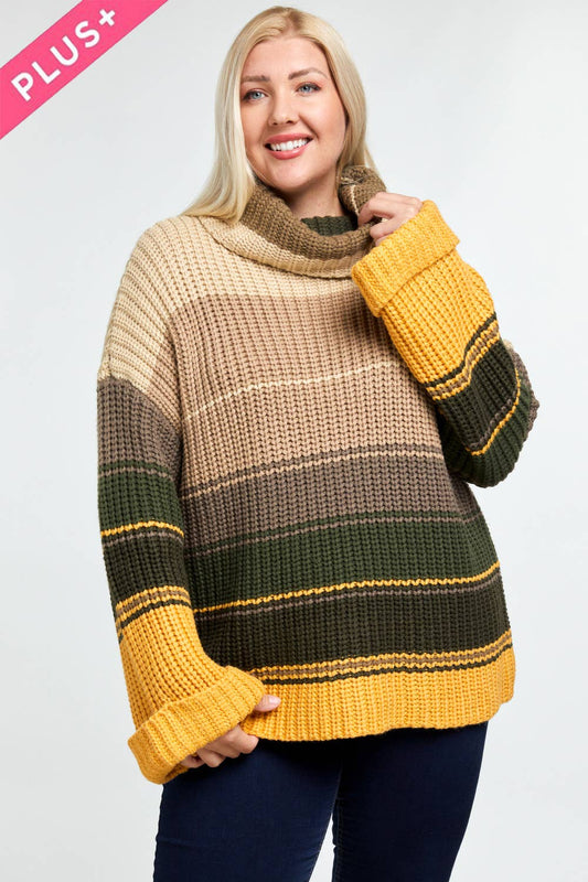 COLOR BLOCK TURTLE NECK LONG SLEEVE SWEATER