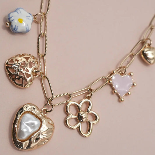 Charm Necklace Porcelain Heart Flower Charm