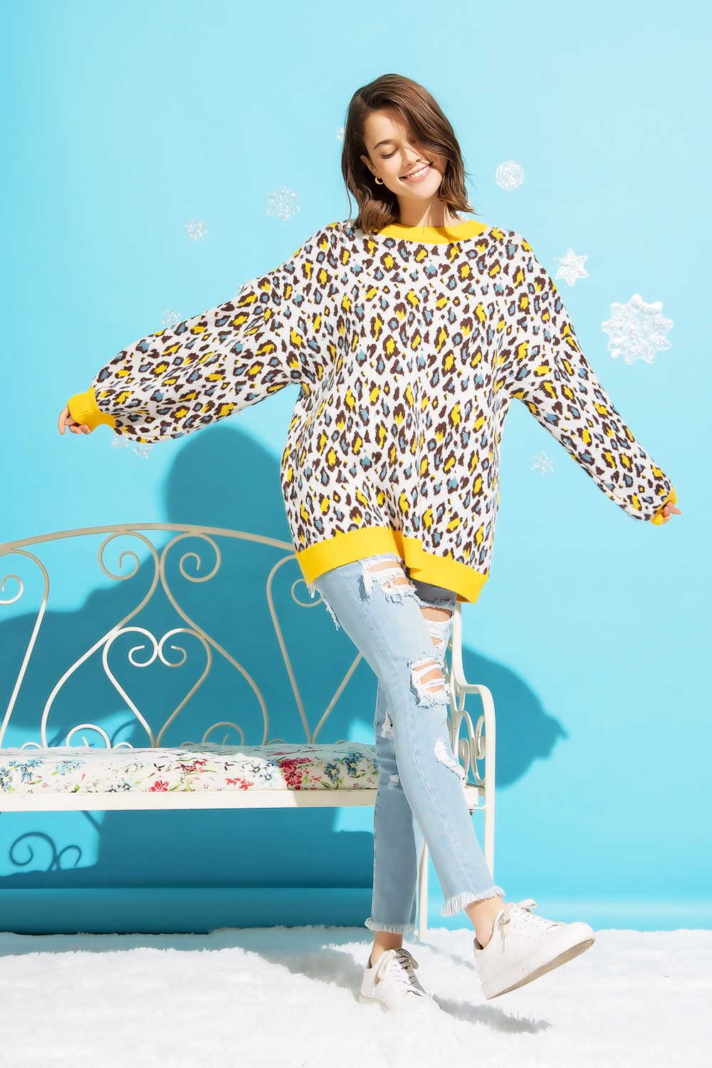 Leopard Print Neon Color Pullover Sweater