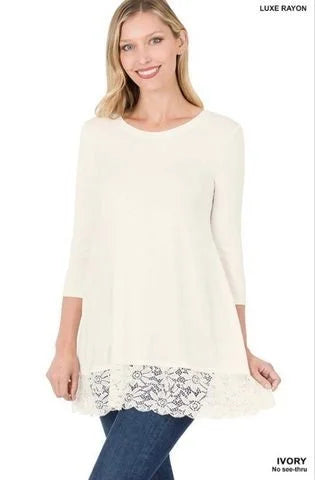 Zenana 3/4 Sleeve Zenana Lace Bottom Tunic