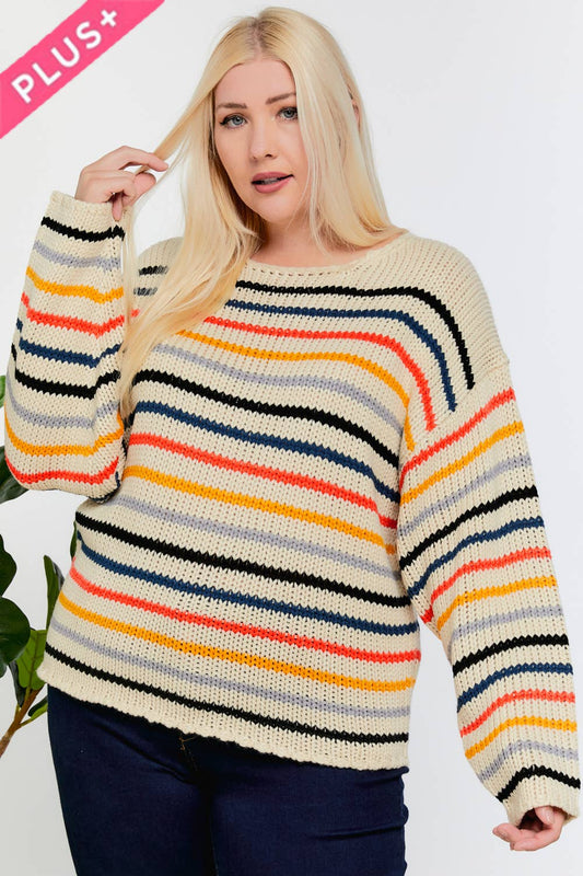 STRIPE ROUND NECK LONG SLEEVE KNIT SWEATER