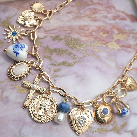 Charm Necklace Porcelain Hearts Cross Necklace