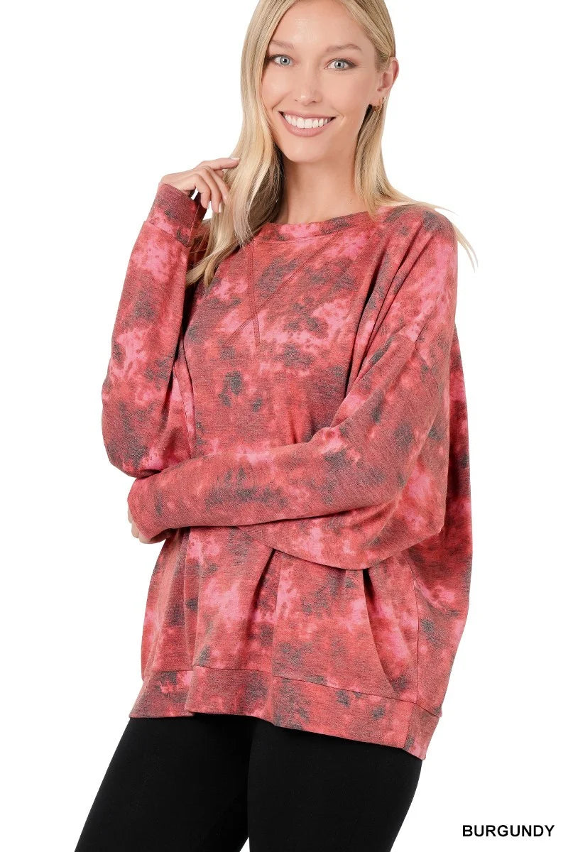 ZENANA FRENCH TERRY TIE DYE OVERSIZED DROP SHOULDER TOP
