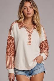 Very J Collar Sleeve Patchwork Top