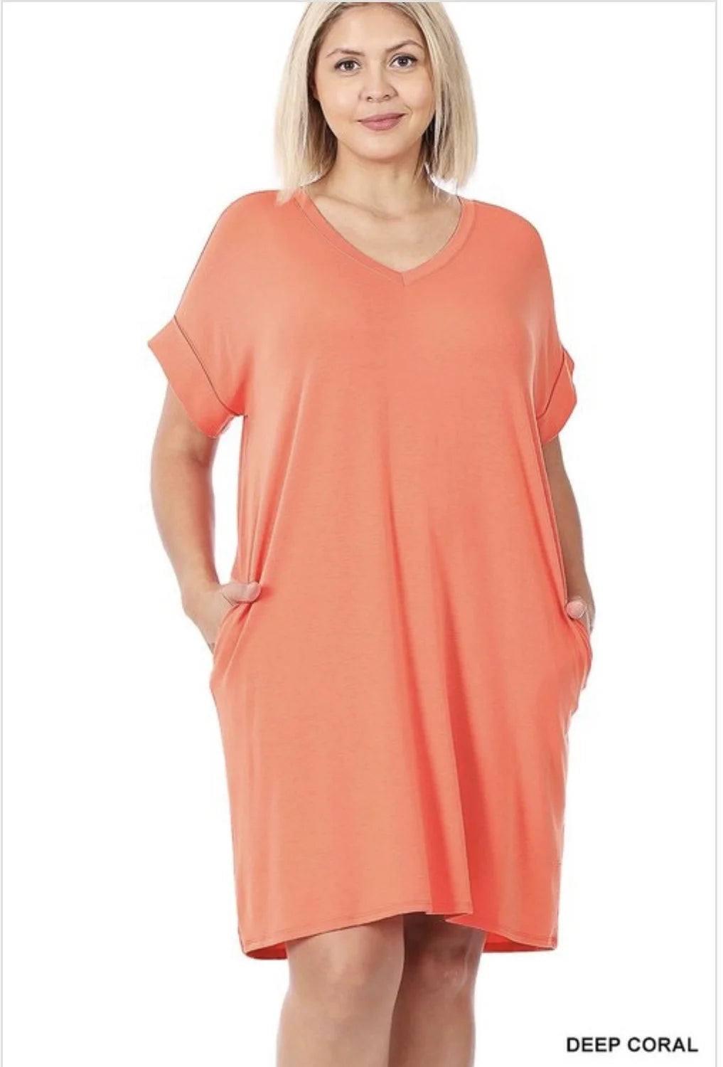 Zenana Plus Rolled Short Sleeve Dress w/ Pockets