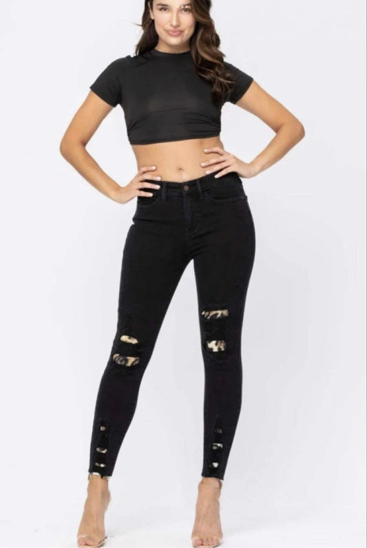 Judy Blue Black Destroyed Leopard Stretch - FB2868