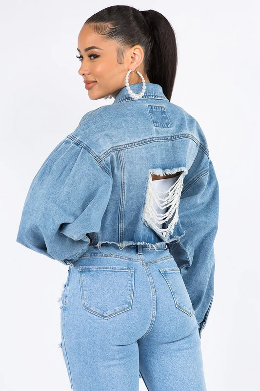 AMERICAN BAZI BALLOON SLEEVE CROPPED JACKET DISTRESSED ON THE BACK