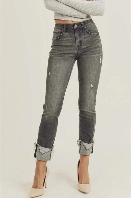 RISEN FRAYED ANKLE STRAIGHT JEANS - FB2518