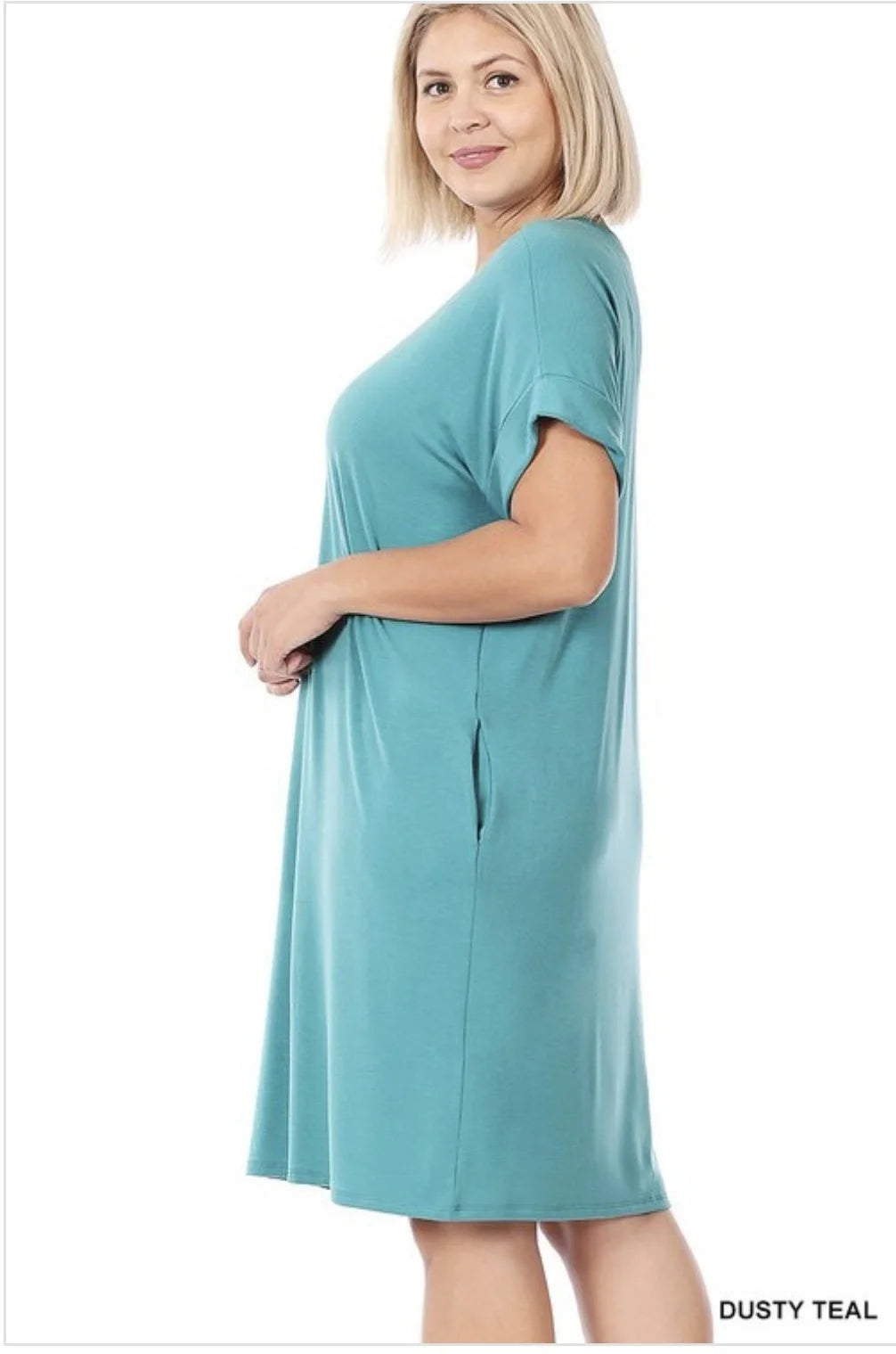 Zenana Plus Rolled Short Sleeve Dress w/ Pockets